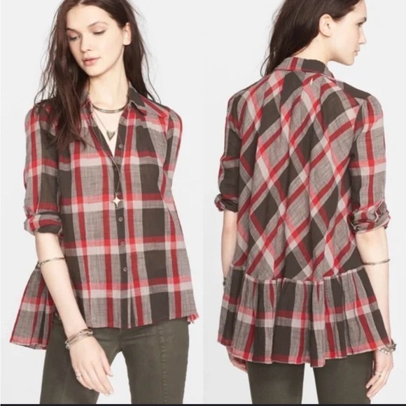 Free People Tops - Free People Women's Peppy in Plaid Button Up High Low Ruffle Tunic Top XS